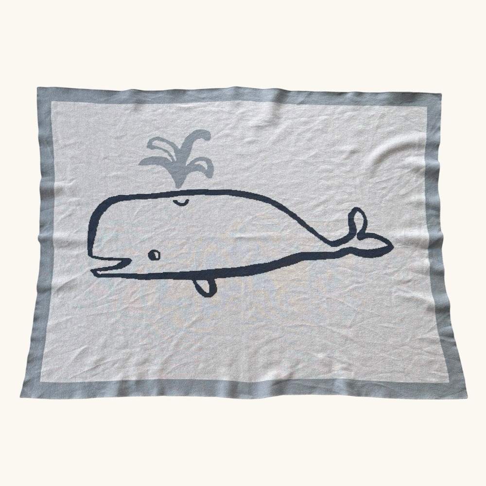 Nordstrom Whale Baby Blanket Blue‎ Gray Cotton Knit Nautical One Size 37.5x28.5"